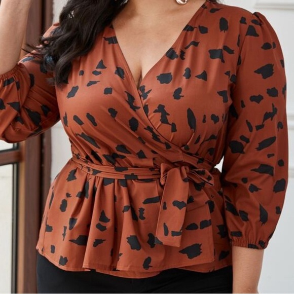 SHEIN Tops - SHEIN Plus Tie Front Wrap Allover Print Blouse